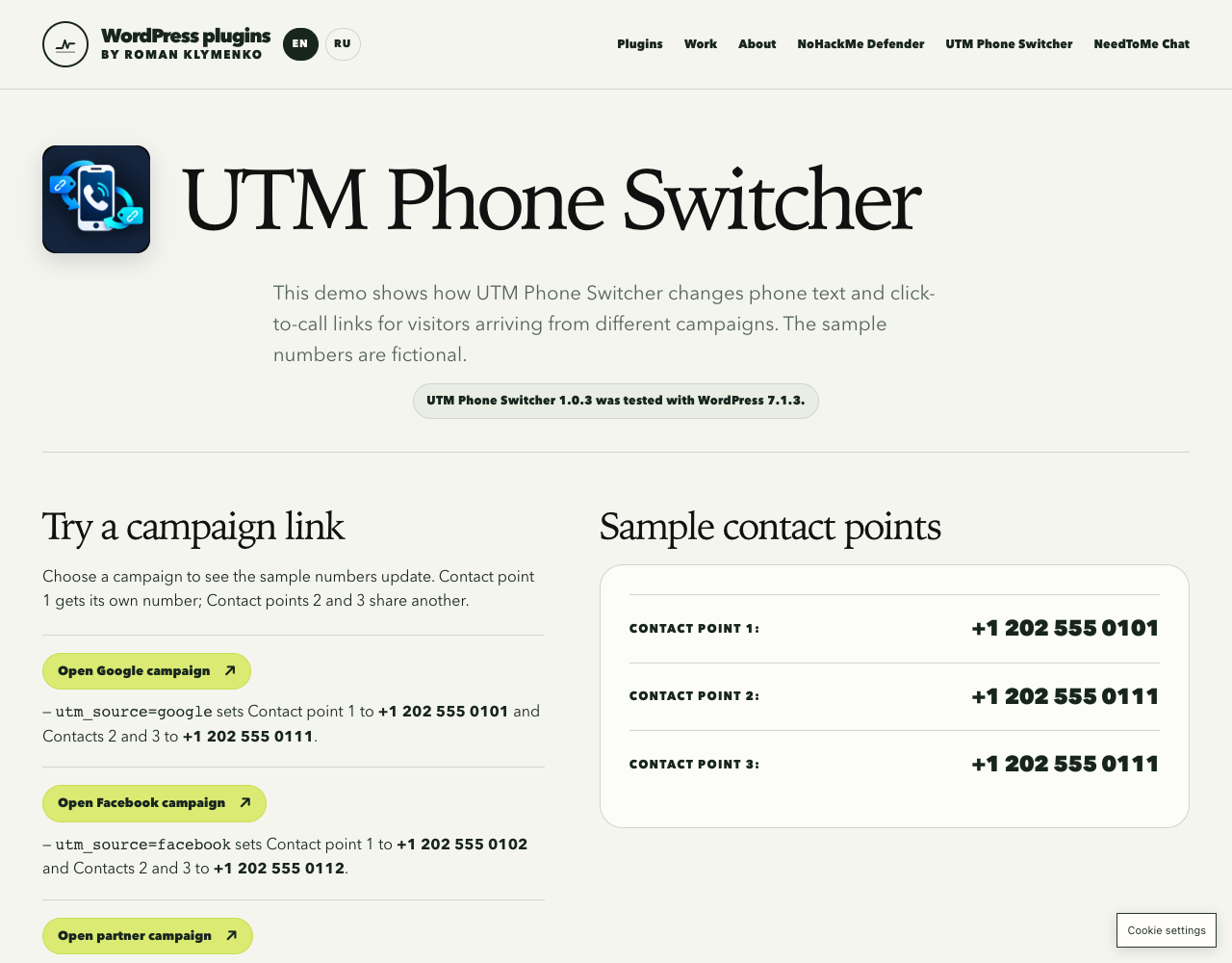 Live demo showing campaign-specific phone numbers