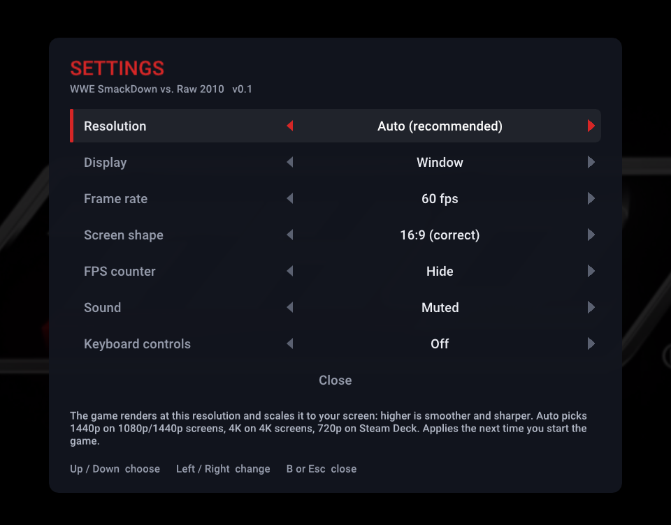 Menu de opções do port de WWE SmackDown vs. Raw 2010 para PC, com ajustes de imagem e desempenho