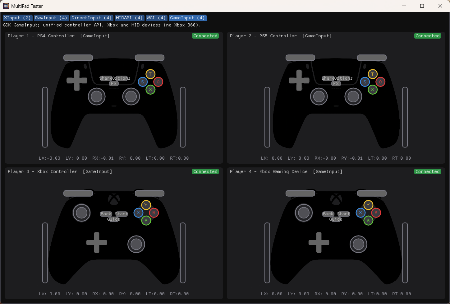 MultiPad Tester with the GameInput tab selected, showing four controllers.