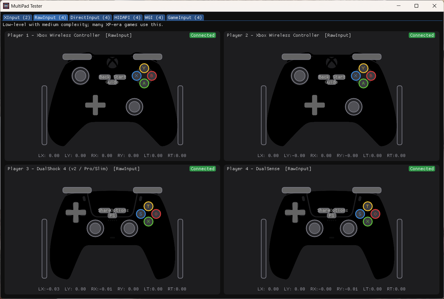 MultiPad Tester with the Raw Input tab selected, showing four controllers.