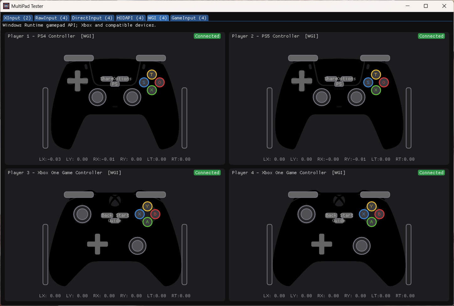 MultiPad Tester with the Windows.Gaming.Input tab selected, showing four controllers.
