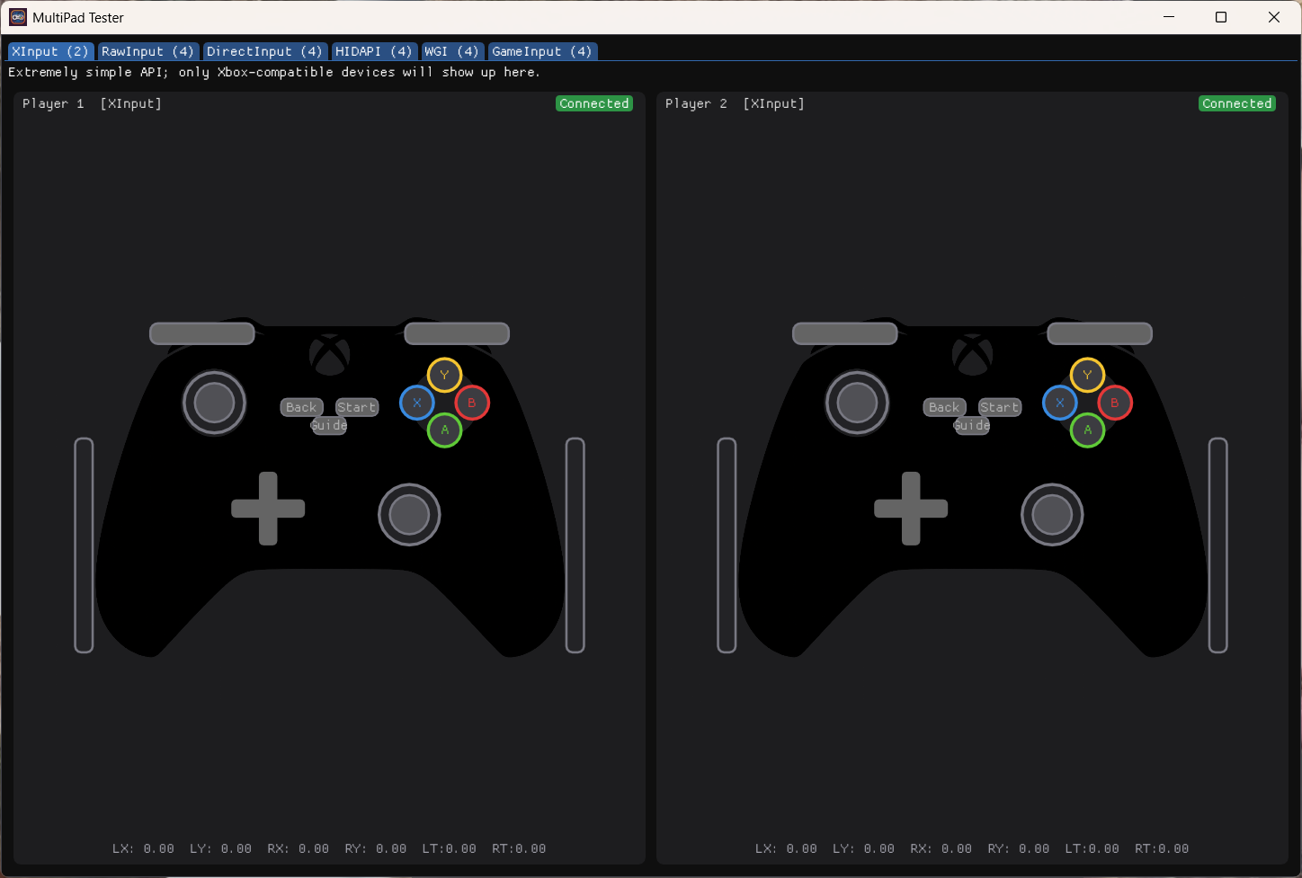 MultiPad Tester with the XInput tab selected, showing two connected Xbox controllers.