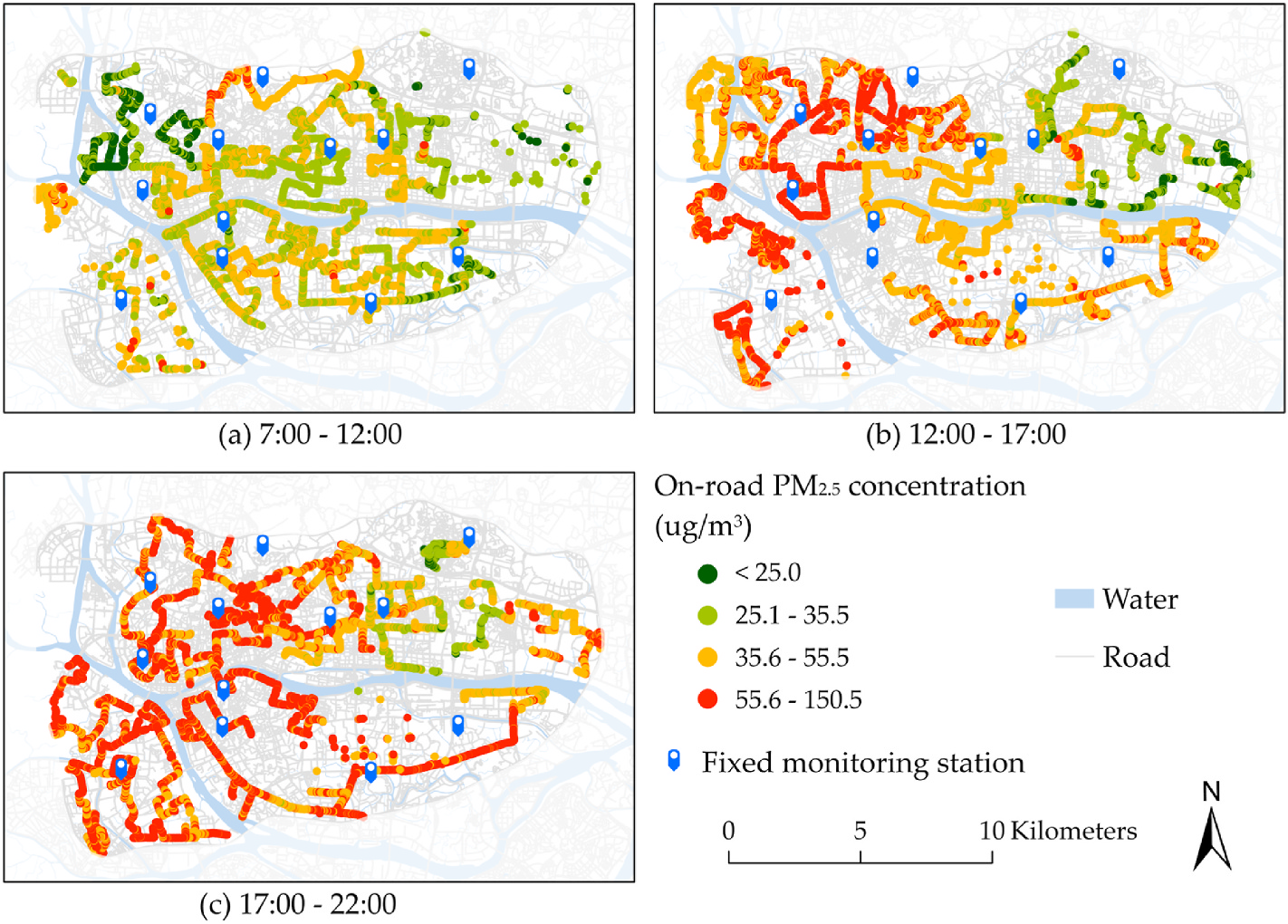 Figure 2. The spatial distributions of on-road PM2.5 concentrations collected from mobile monitoring sensors during three periods.