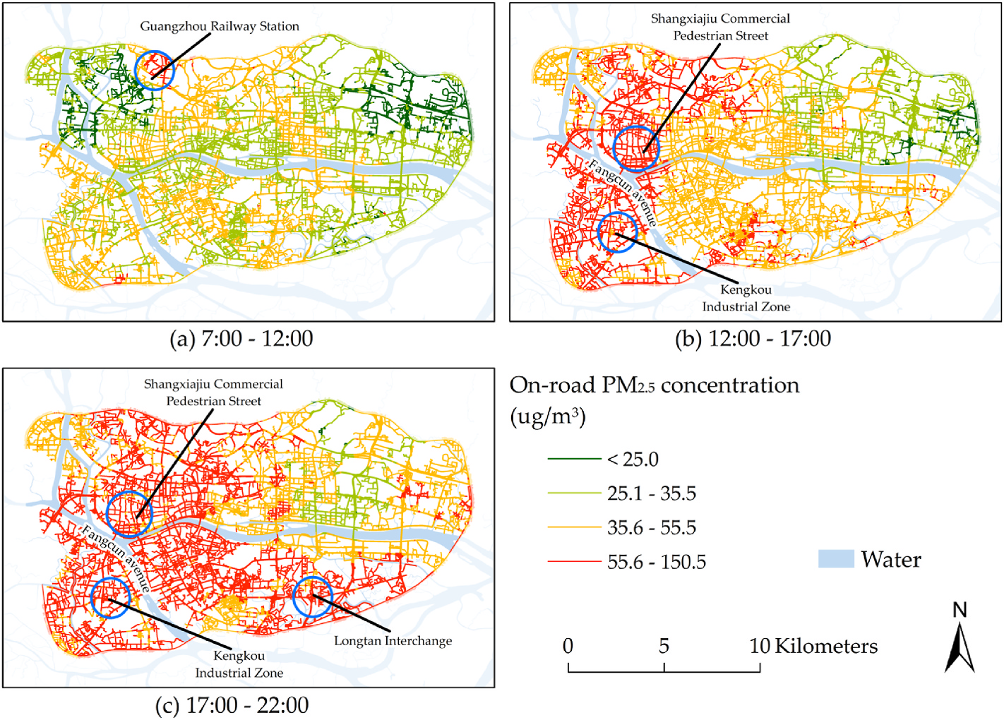 Figure 5. On-road PM2.5 concentrations in the study area during the three time periods.