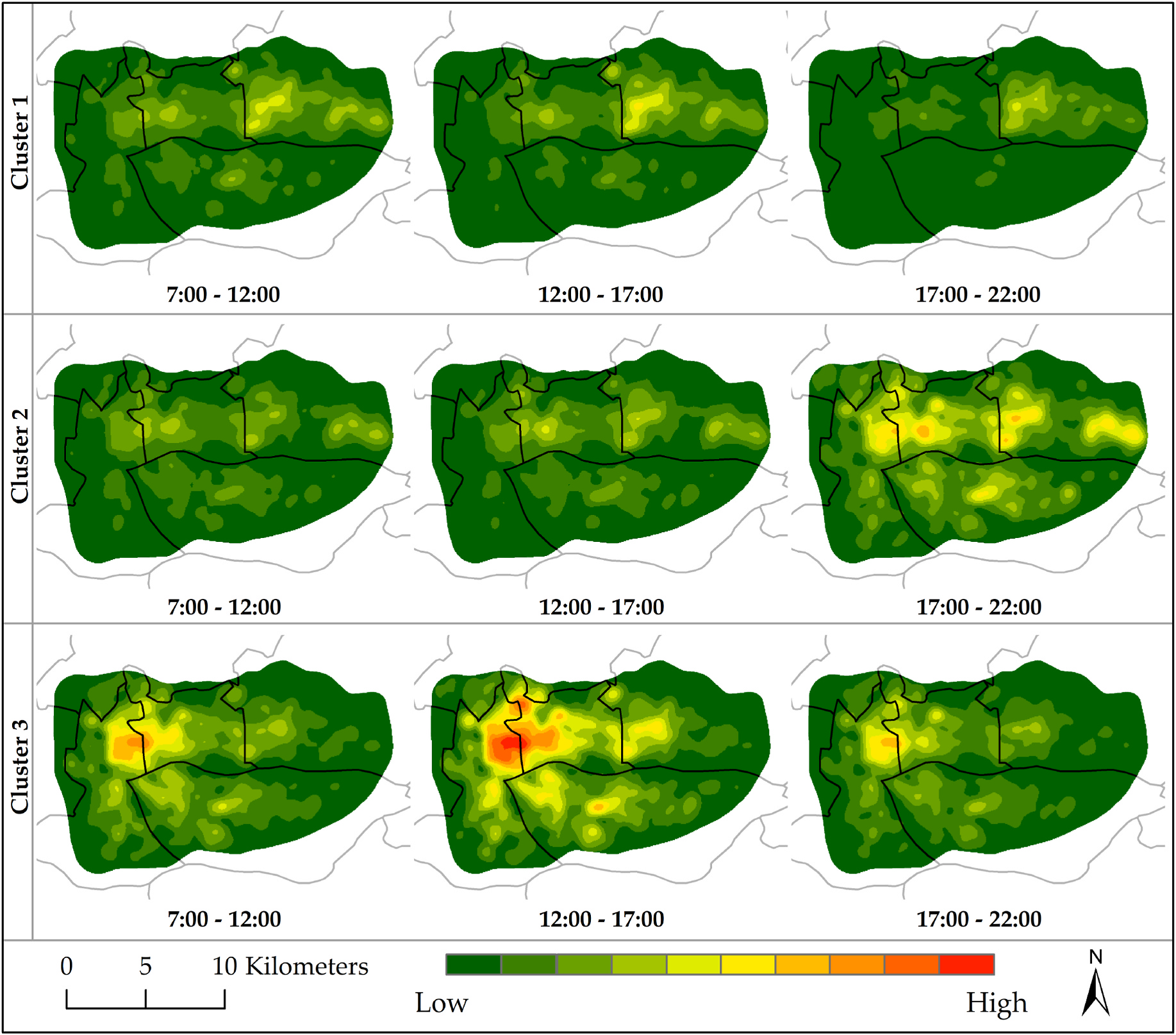 Figure 9. Daily travel patterns of three clusters of users.