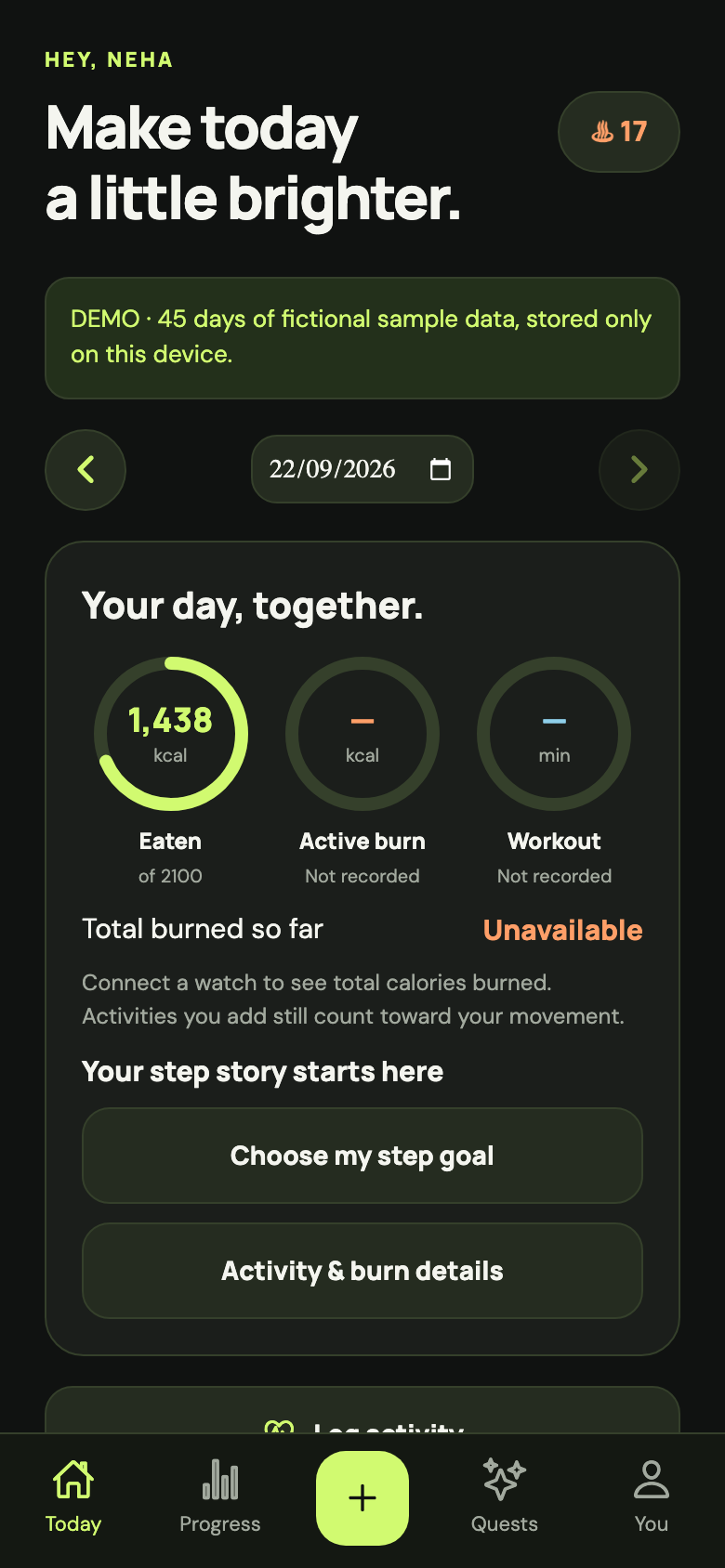Fitkin Today screen using fictional demo food and activity data