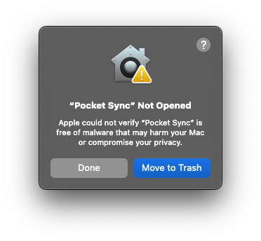 Apple could not verify "Pocket Sync"