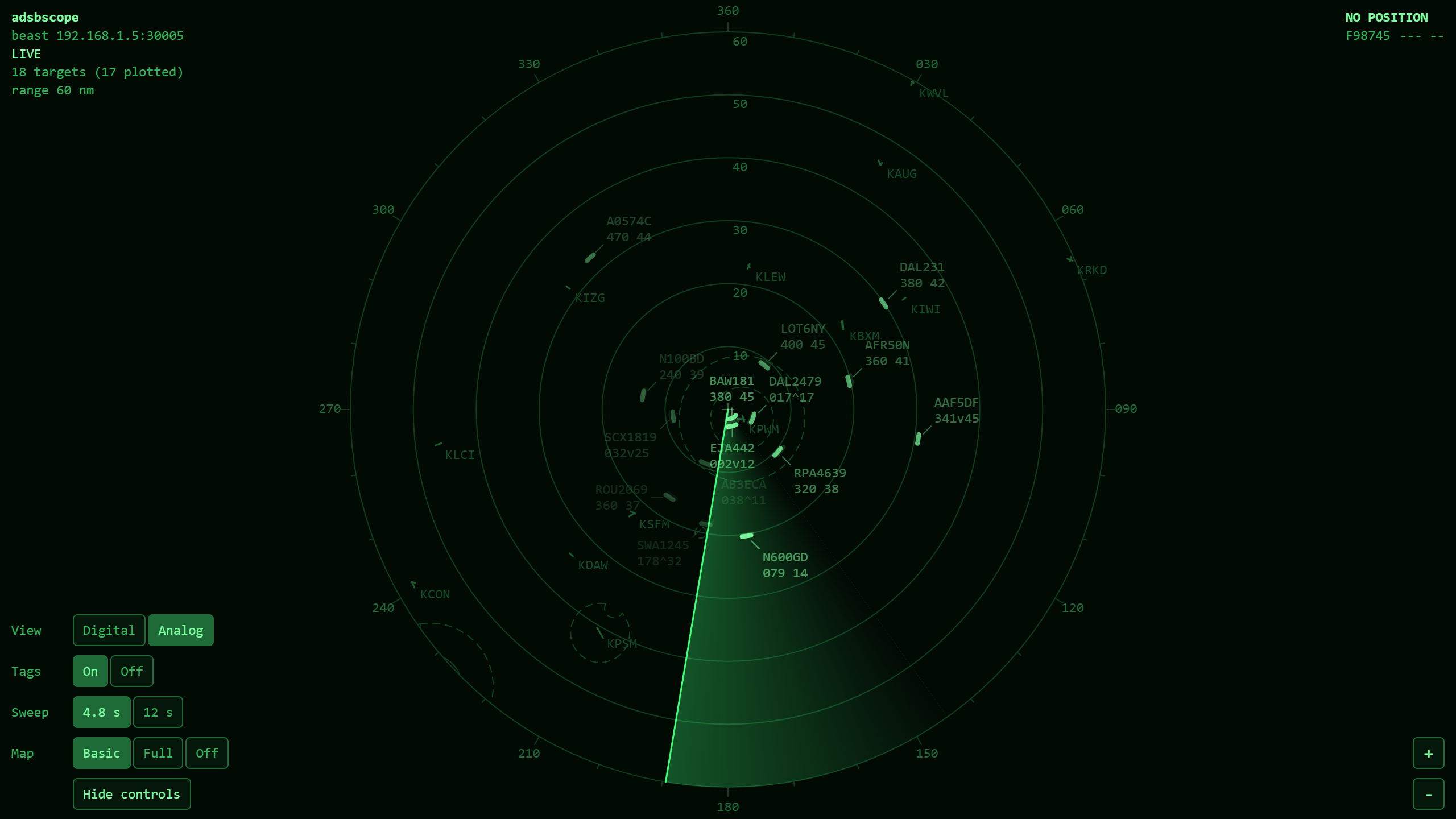 The analog view style: a rotating beam painting returns that fade behind it, on a green phosphor tube