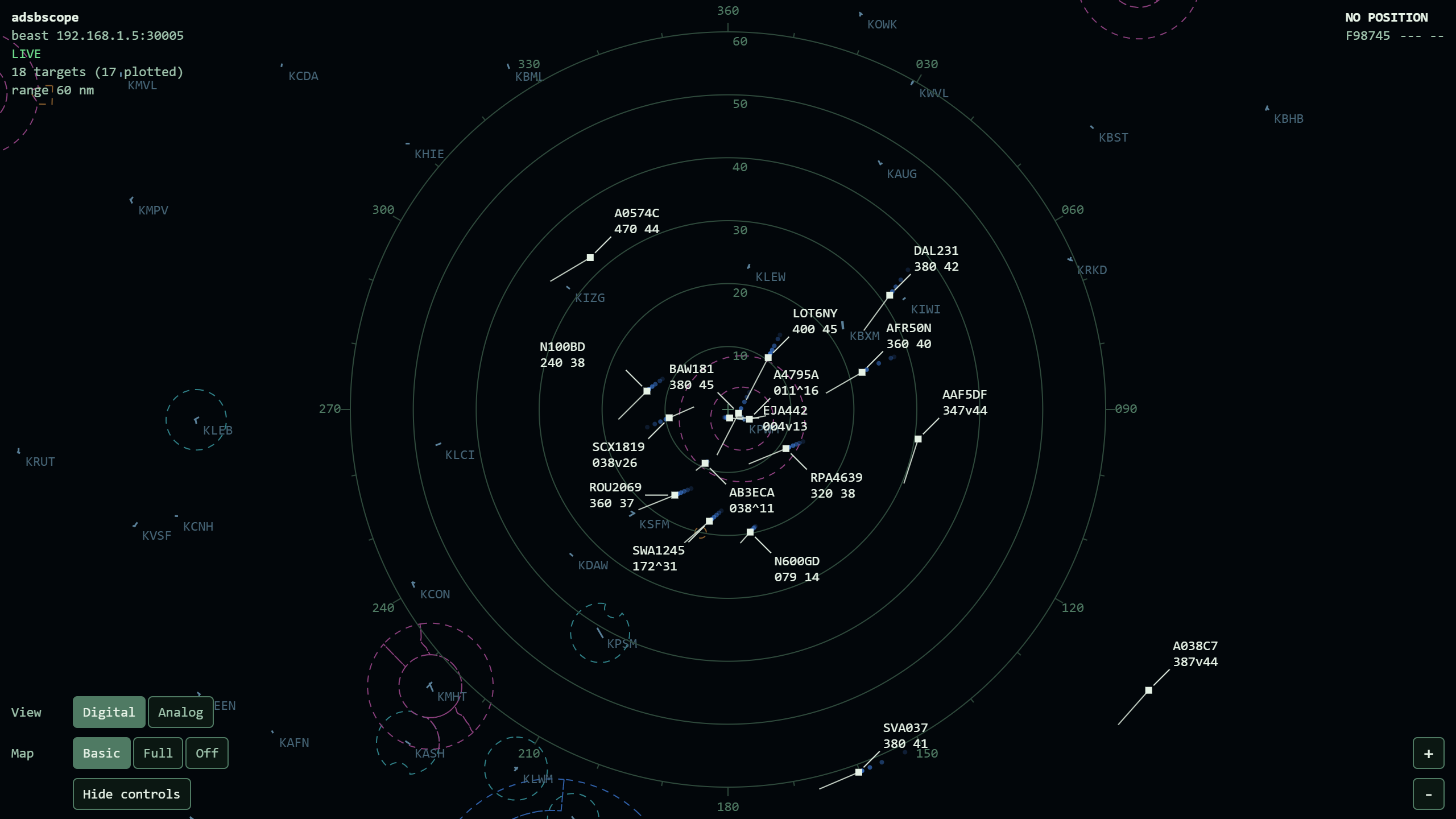 The digital view style: a modern scope with data blocks on leader lines, over a video map of airports and airspace