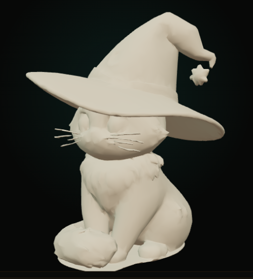 Smooth-shaded clay preview of the same cat wearing a witch hat