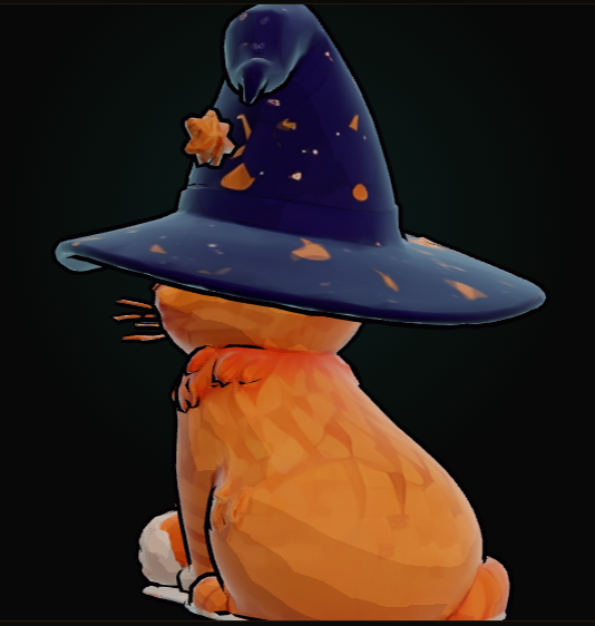 Rear view of the textured Cel-shaded cat and witch hat