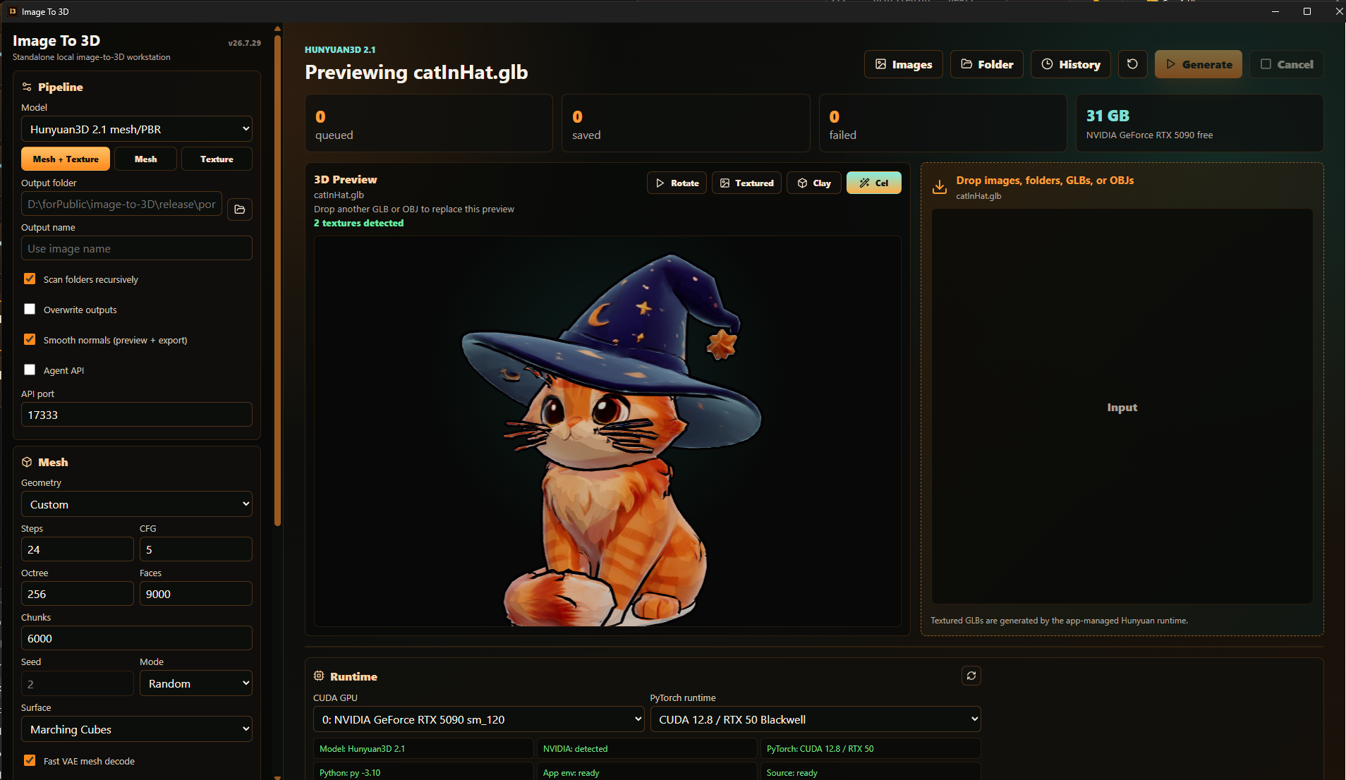 Image To 3D desktop UI showing the textured Cel preview of a 9k-face cat mesh
