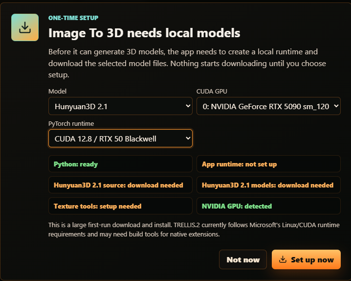 One-time setup dialog for choosing a model, CUDA GPU, and PyTorch runtime