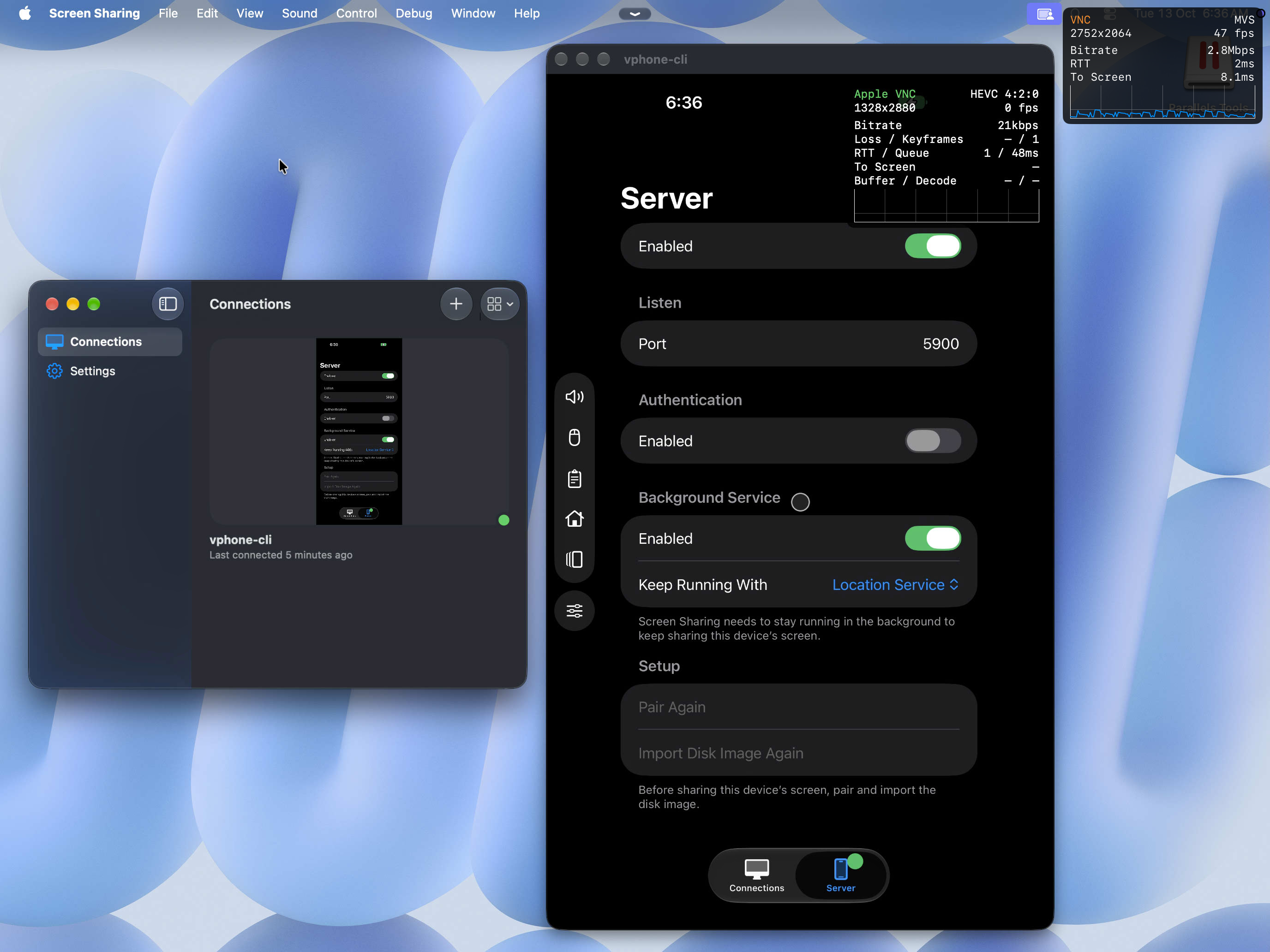 Open Screen Sharing on iPad connected to macOS and vphone-cli