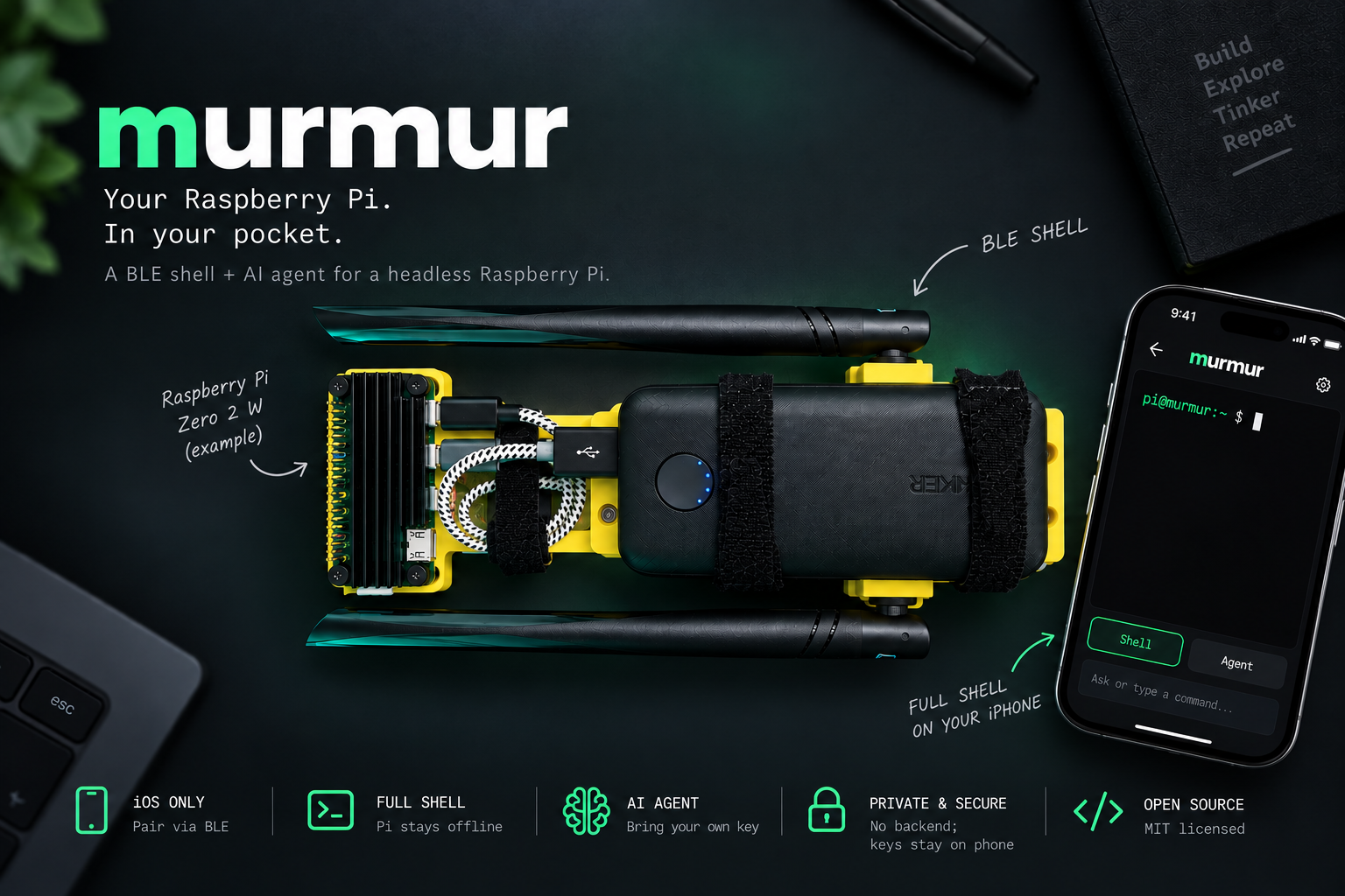 murmur — a BLE shell + AI agent for a headless Raspberry Pi