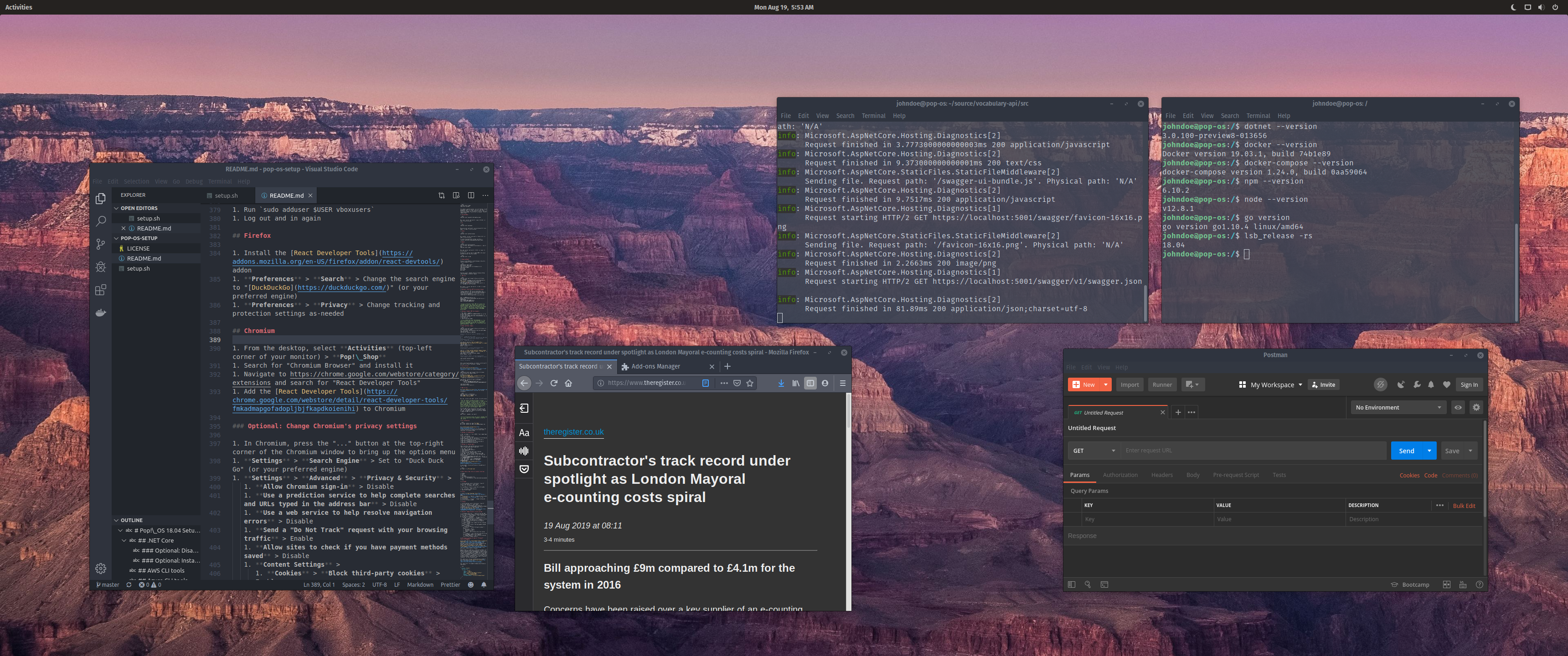 Pop!_OS desktop screenshot with various developer tools displayed and the Arc Dark theme