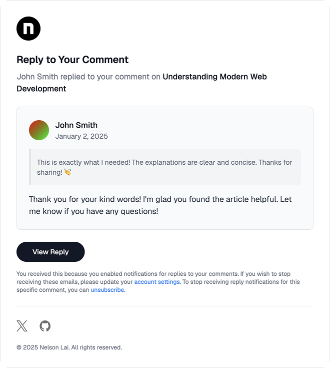 Reply notification template