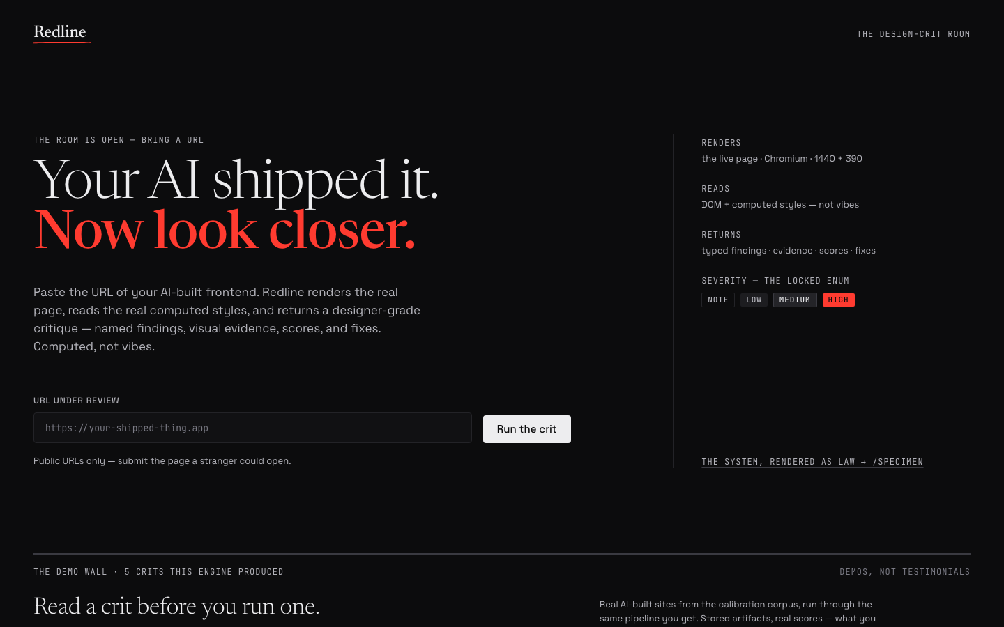 Redline's landing page: huge red display type, URL input, protocol rail