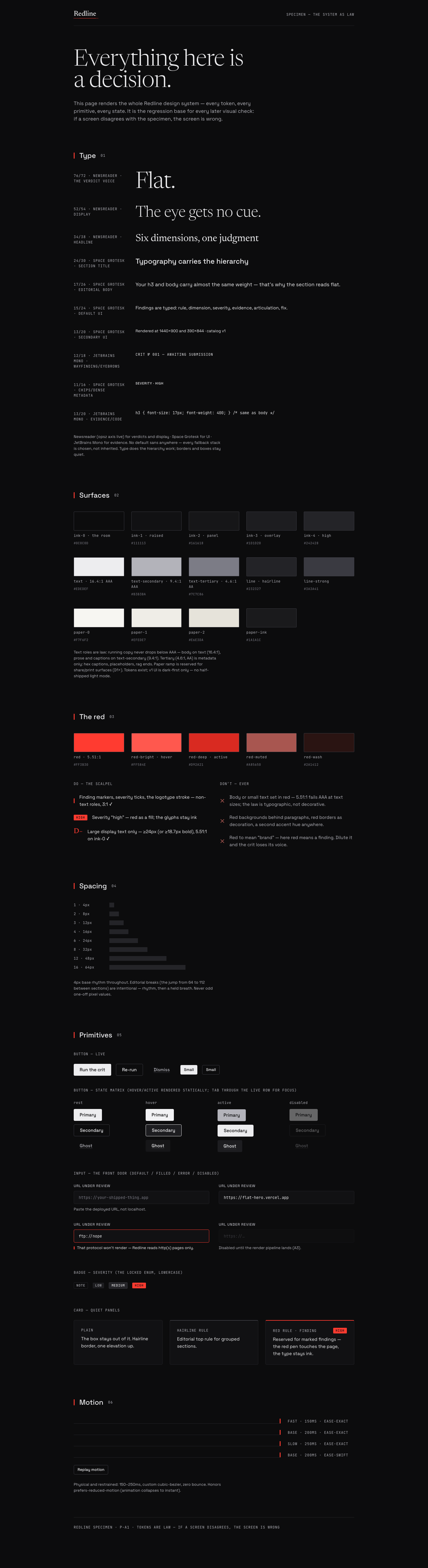 Redline's /specimen design-system page: type ramp, tokens, red usage rules, component states