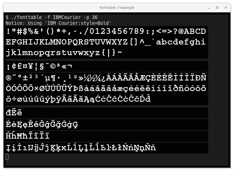 Image of running fonttable -f ibmcourier.