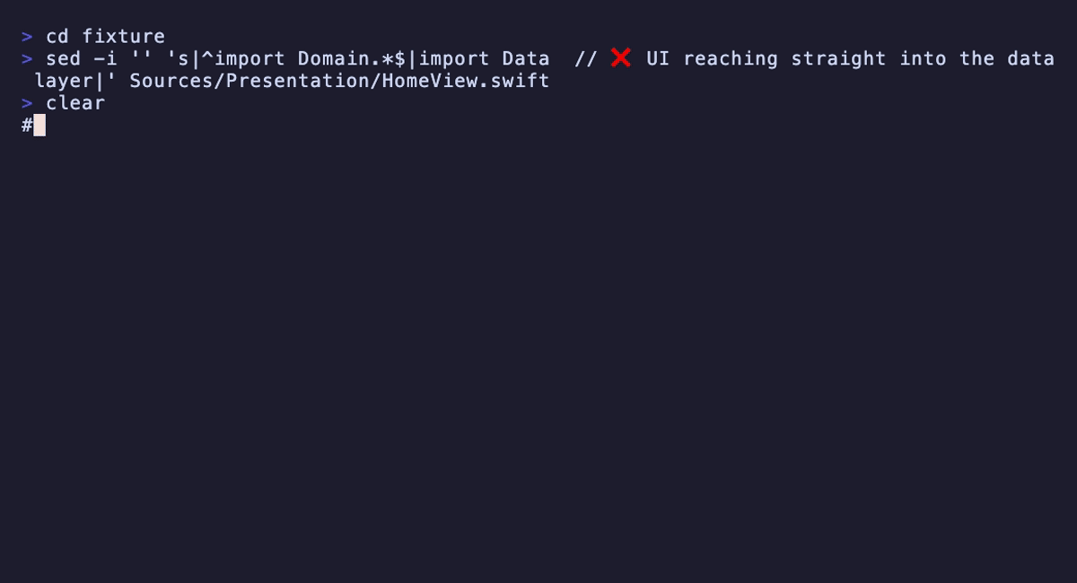 Demo: a forbidden import is caught by solid-like-a-rock, fixed, and the lint goes green