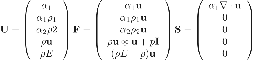 $$
    \mathbf{U} = 
        \left( \begin{array}{c}
           \alpha_1 \\
           \alpha_1 \rho_1 \\
           \alpha_2 \rho2 \\
           \rho \mathbf{u} \\
           \rho E
        \end{array} \right)
    \mathbf{F} = 
        \left( \begin{array}{c}
           \alpha_1 \mathbf{u} \\
           \alpha_1 \rho_1 \mathbf{u} \\
           \alpha_2 \rho_2 \mathbf{u} \\
           \rho \mathbf{u} \otimes \mathbf{u} + p \mathbf{I}\\
           (\rho E + p) \mathbf{u}
        \end{array} \right)
    \mathbf{S} = 
        \left( \begin{array}{c}
           \alpha_1 \nabla \cdot \mathbf{u} \\
           0 \\
           0 \\
           0 \\
           0
        \end{array} \right)
$$