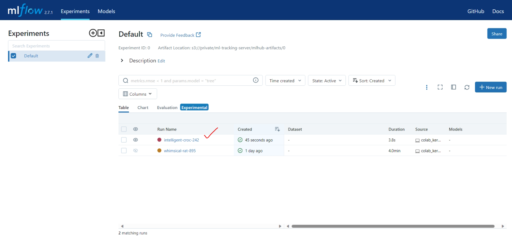 Verify the result in mlflow ui