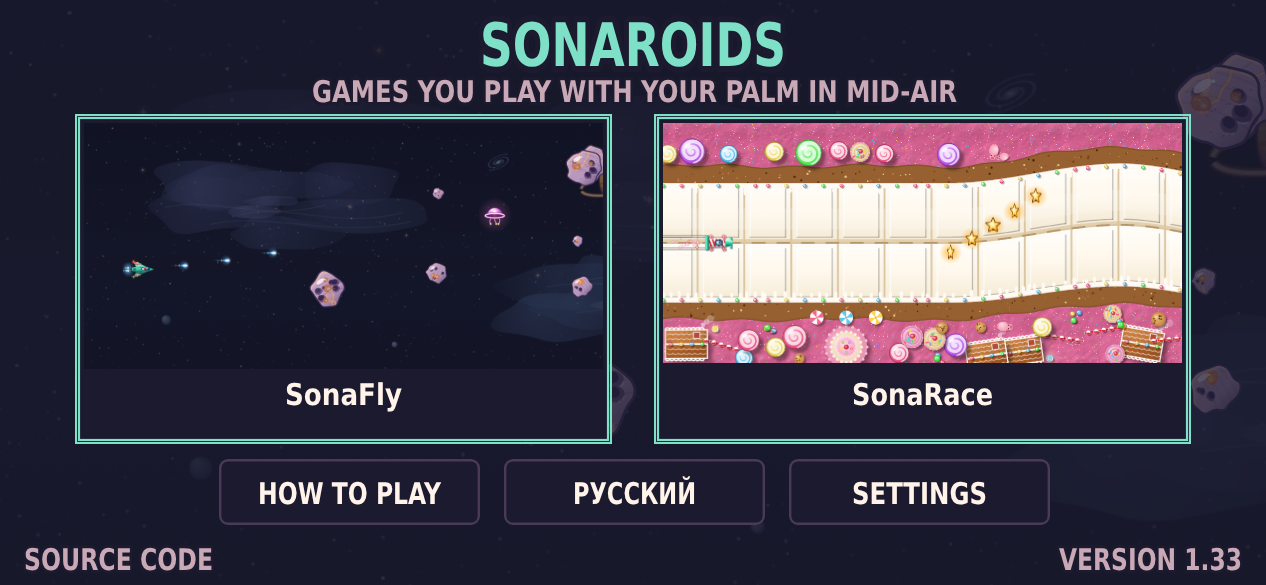 The games' screen: two cards, SonaFly (a ship among rocks) and SonaRace (a car on a chocolate road)
