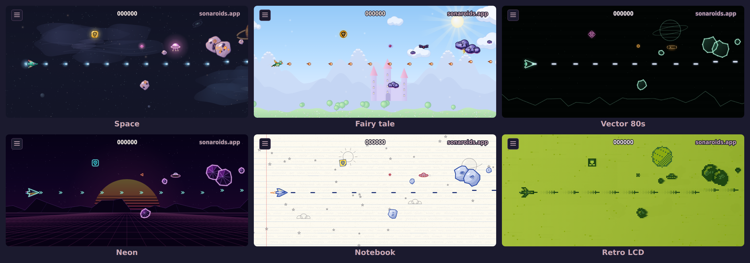 SonaFly's six skins in play: space, fairy tale, vector 80s, neon, notebook, retro LCD — each with its own ship, saucer, power-up, shots and rocks
