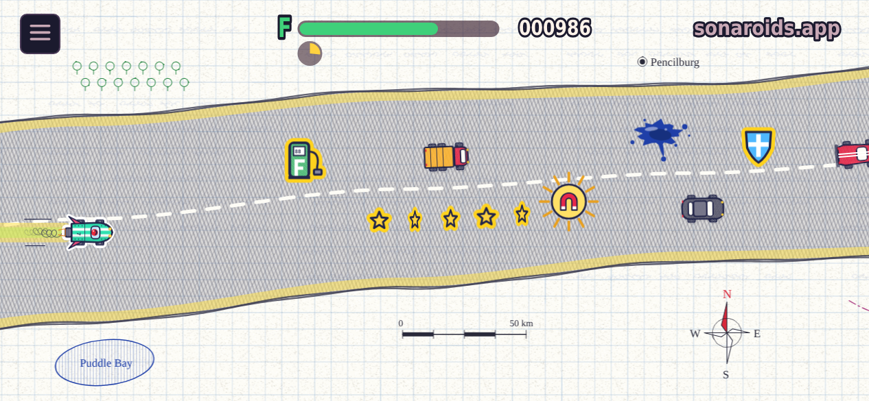 SonaRace in the notebook: a striped rocket car on a pencil-shaded road across squared paper, a petrol pump, stars, a magnet, a knight's shield, the sun with a magnet, an ink blot, a truck, a bus and cars, felt-tip trees and houses around