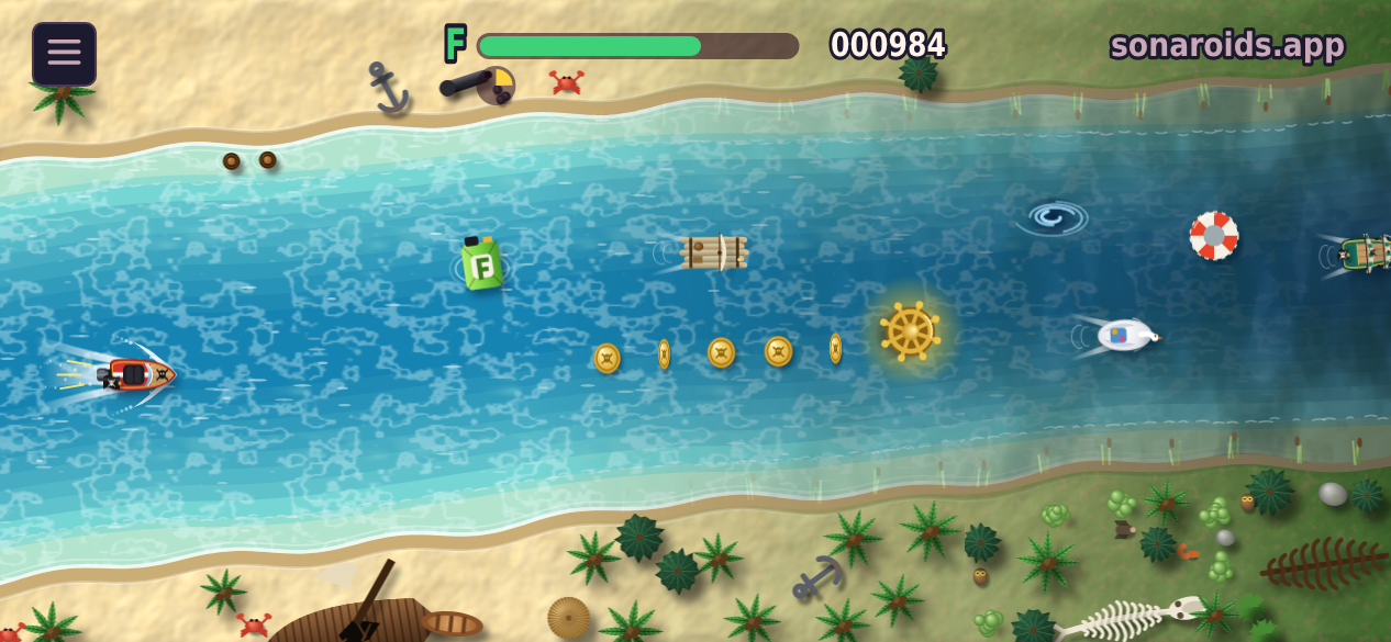 SonaRace in the pirate world, the lagoon: a red speedboat with a big wake on a turquoise river between beaches with palms, whale skeletons and a wrecked ship; a canister with an F, coins with a skull, a lifebuoy, the golden ship's wheel, a whirlpool, a raft, a swan pedalo and an emerald galleon
