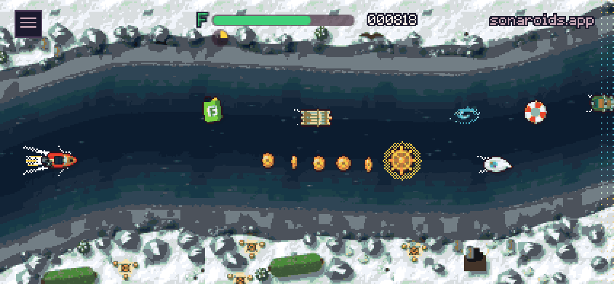 SonaRace in the pirate world in pixels, the fjords: a dark river between snowy rocks, a stone bridge over it, the boat, the gifts and the rivals in pixel art