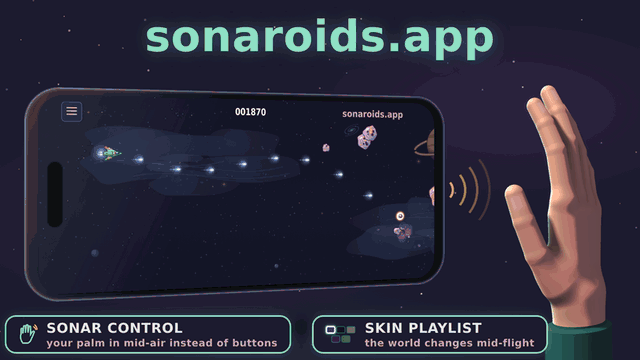 A phone floating in the air with a palm at its charging end. The palm moves to and from the phone, ultrasound arcs run from the end to it, the ship on the screen follows the palm, and the world around it changes mid-flight by the playlist: space, vector 80s, notebook, neon, retro LCD. Two plates below: «Sonar control — your palm in mid-air instead of buttons» and «Skin playlist — the world changes mid-flight»