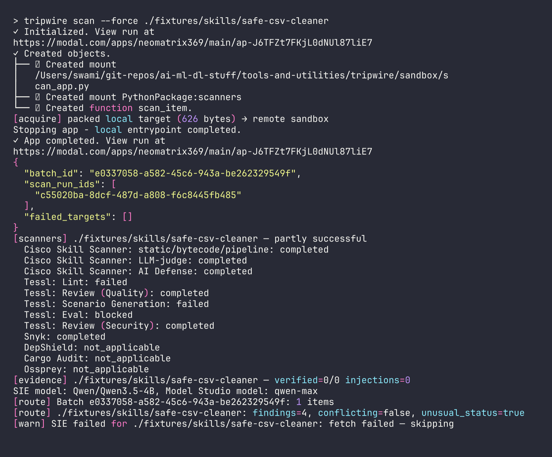 CLI — real scan with Modal sandbox output