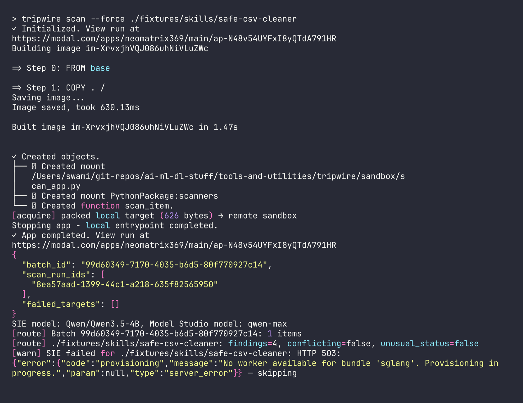CLI — real scan with Modal sandbox output