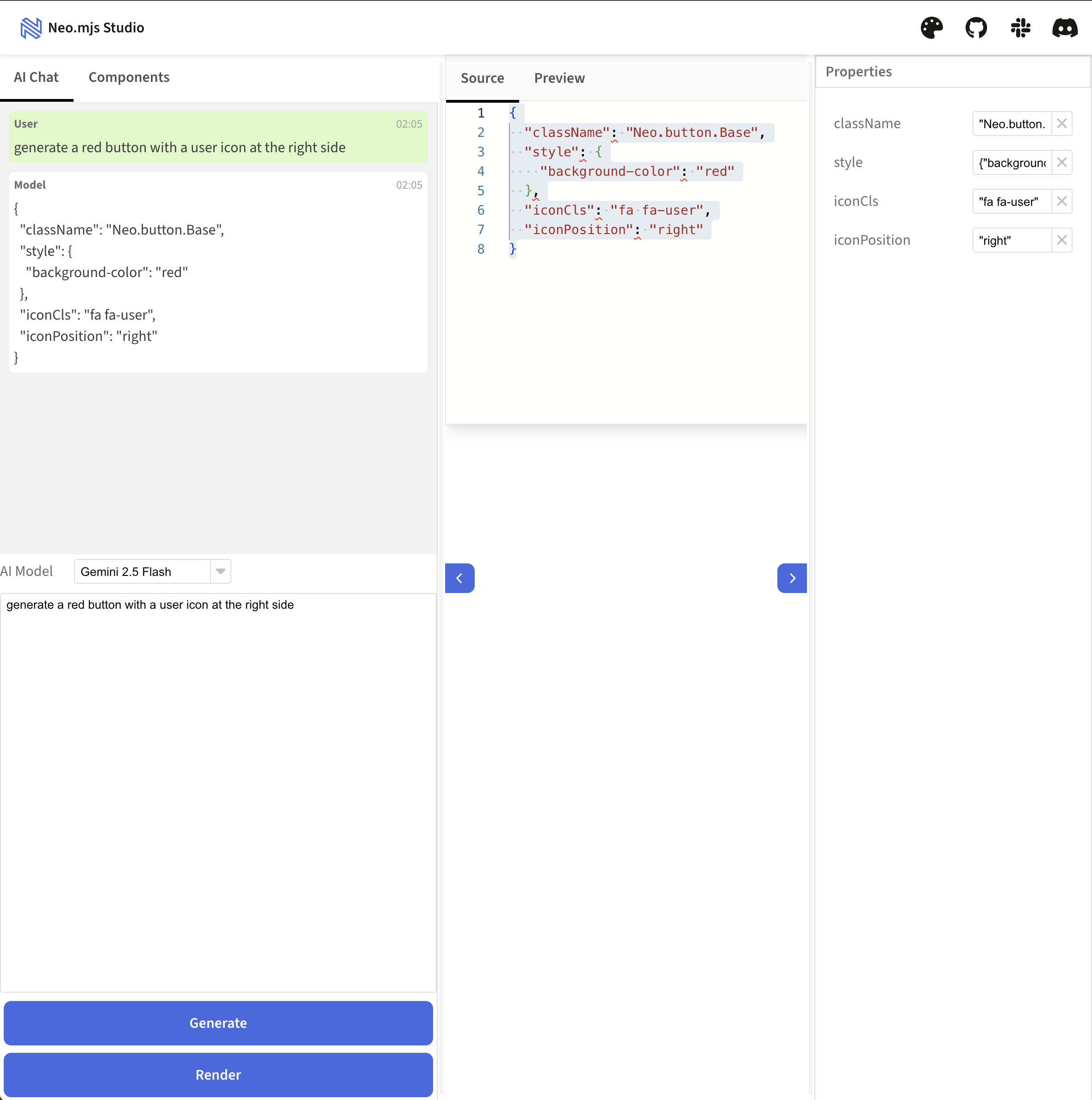 Neo Studio Spoiler Screenshot of the Neo Studio UI, showcasing a generated component from a prompt