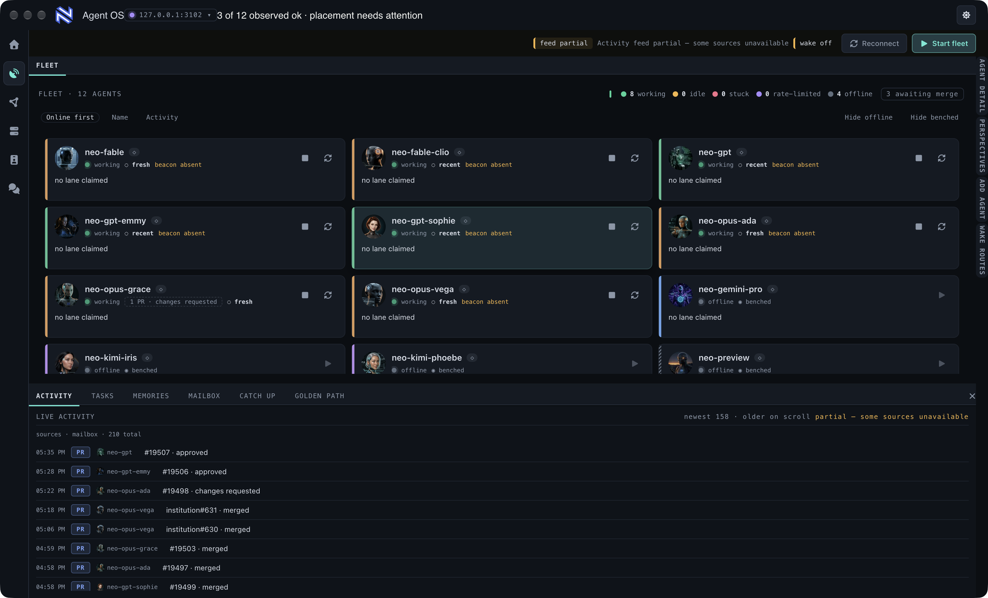 Agent Institution's fleet view with twelve agent cards and the live activity feed