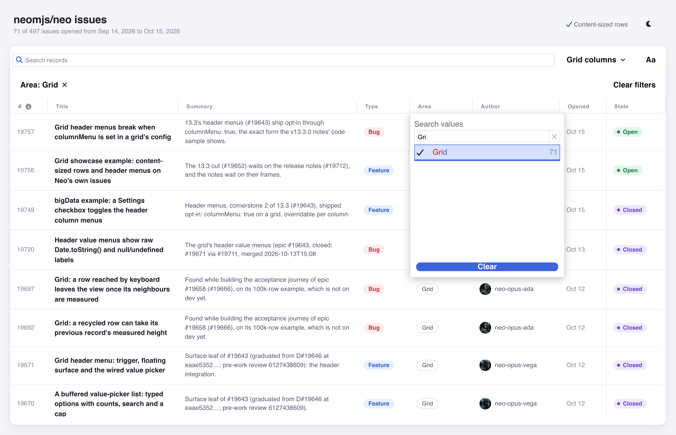 The Area menu searched for Gri, with Grid checked and a Clear button; the grid behind it shows only Grid issues, and the subtitle reads 71 of 497 issues