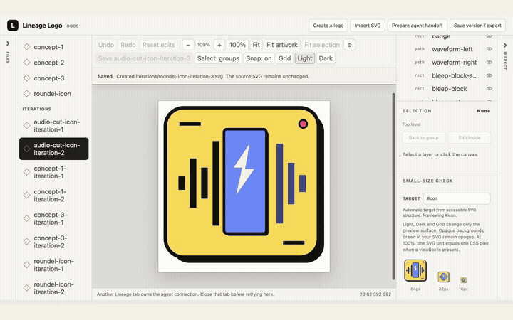 Audio Cut fine-tuning demo: adjust logo colors, size, shape, and positioning in Lineage Logo