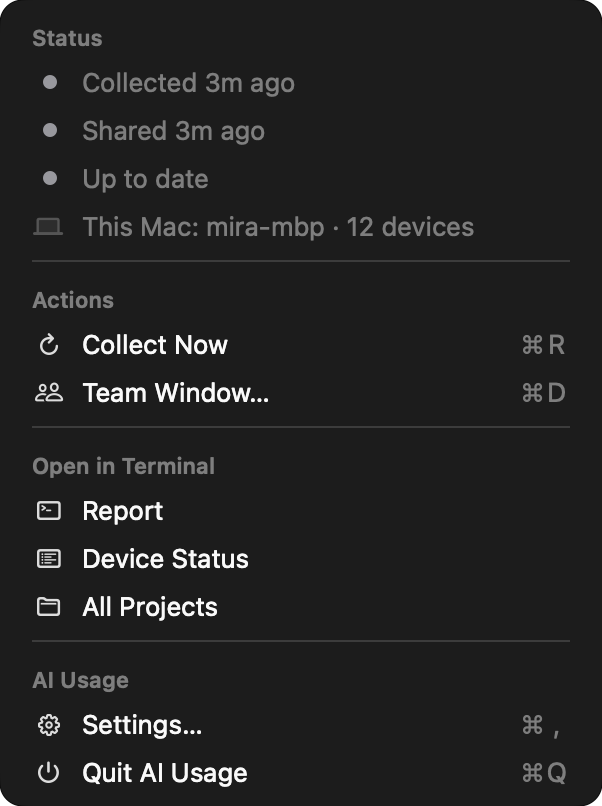 The menu: Status with the collection, the relay, the update, and this Mac; Actions with Collect Now and Team Window; Open in Terminal with Report, Device Status, and All Projects; and AI Usage with Settings and Quit