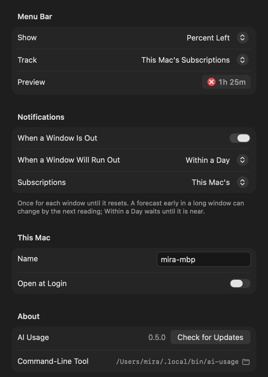Settings, General: what the menu bar shows and whose subscriptions it tracks, notifications when a window is out or will run out and for whose subscriptions, this Mac's name, open at login, and About with the app's version and where the command-line tool is