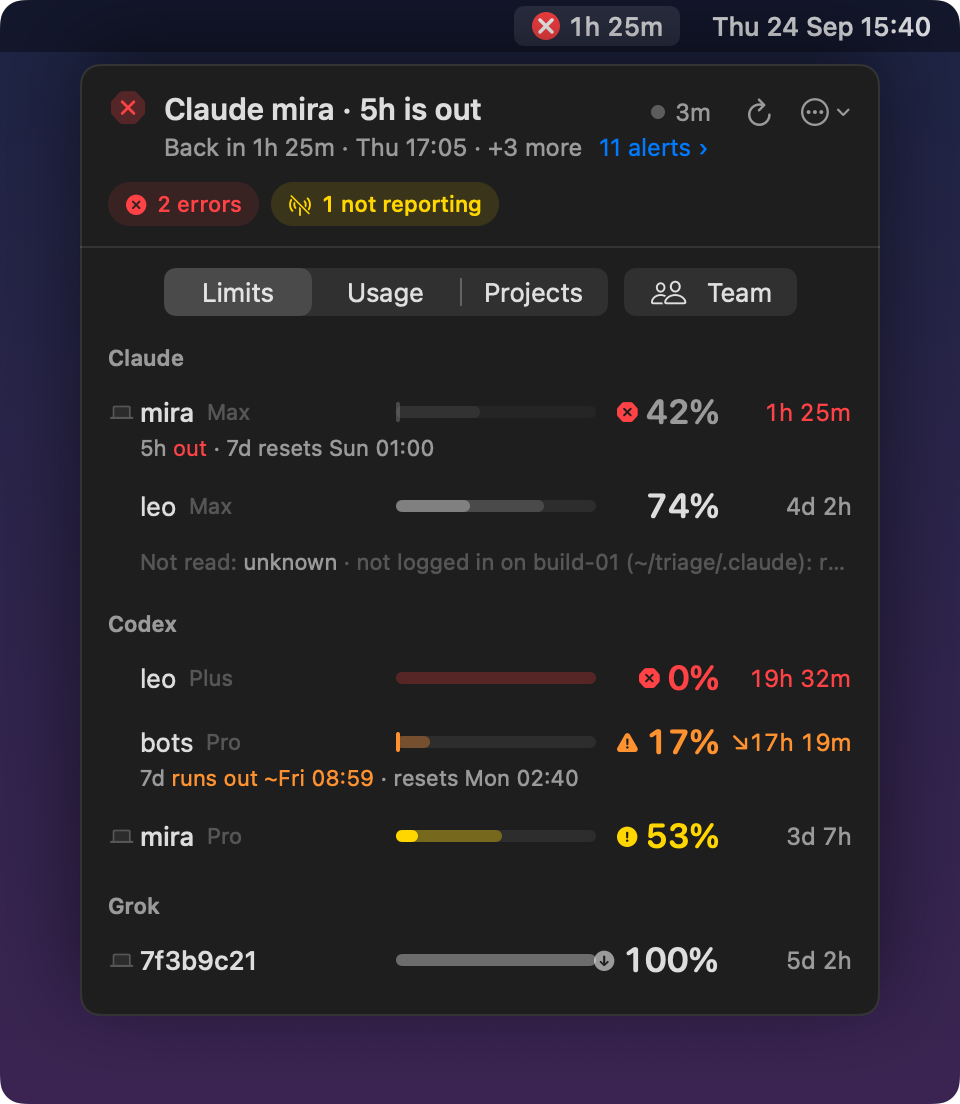 The AI Usage menu bar app with the made-up team's subscriptions: Claude mira's 5-hour window is out and back in 1h 25m