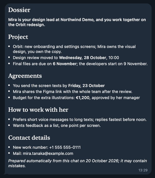 Screenshot of a /dossier post for the same fictional contact: "Dossier" with the one-line summary, the Project, Agreements, How to work with her, and Contact details sections, and the footer that says it was prepared automatically and may contain mistakes.