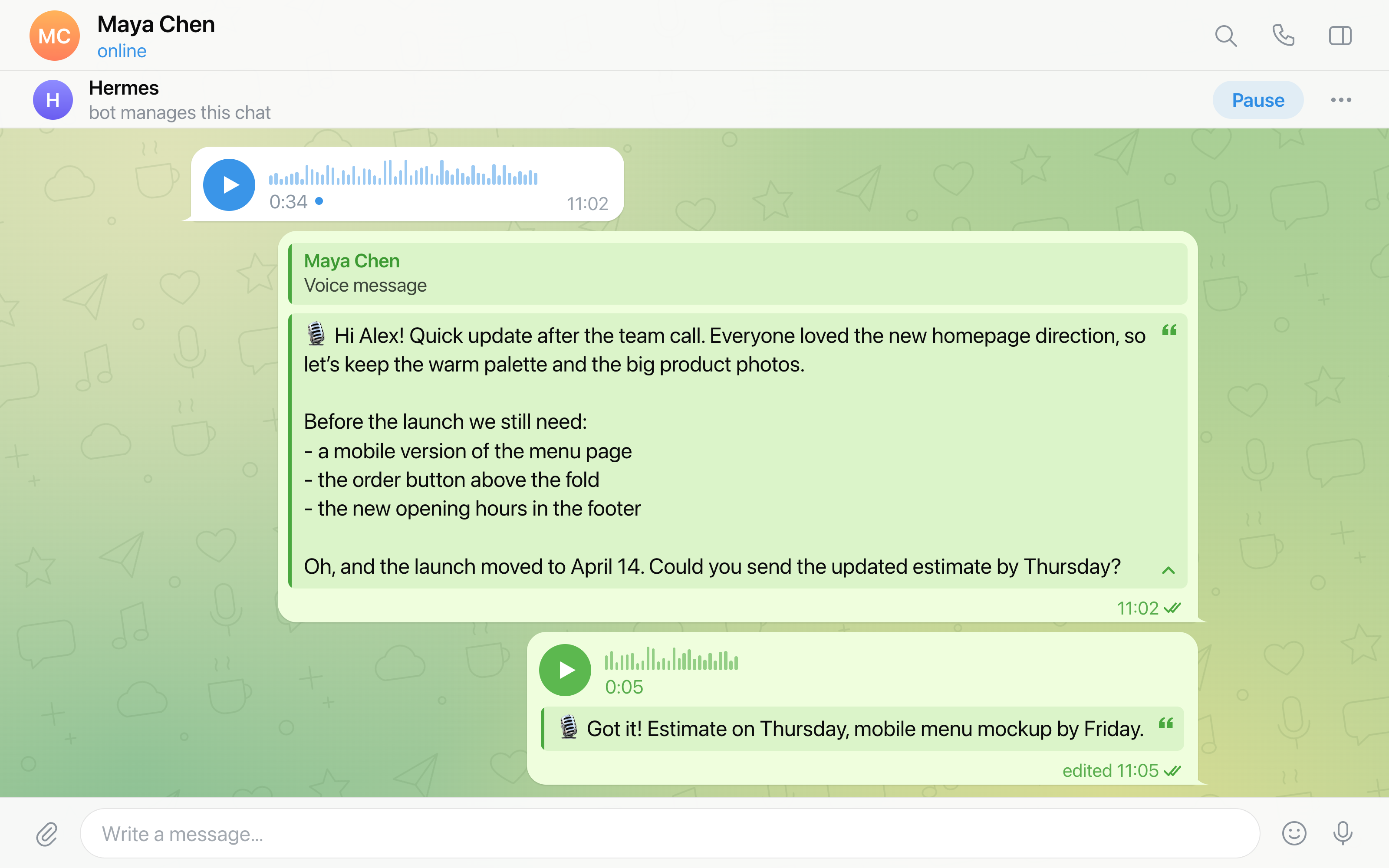 Telesec in a Telegram Business chat: a client's 0:34 voice message gets a reply with its transcript as an expandable quote, split into paragraphs and a dash list; the owner's own 5-second voice message gets its transcript appended to its caption as a quote and is marked edited.