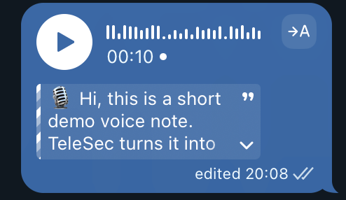 Real Telegram screenshot: the owner's 10-second voice message in a Business chat with its transcript added to the caption as an expandable quote. The voice was synthetic, recorded for this screenshot.