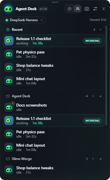 Agents list with a Recent group, a pinned chat and the Harness chip