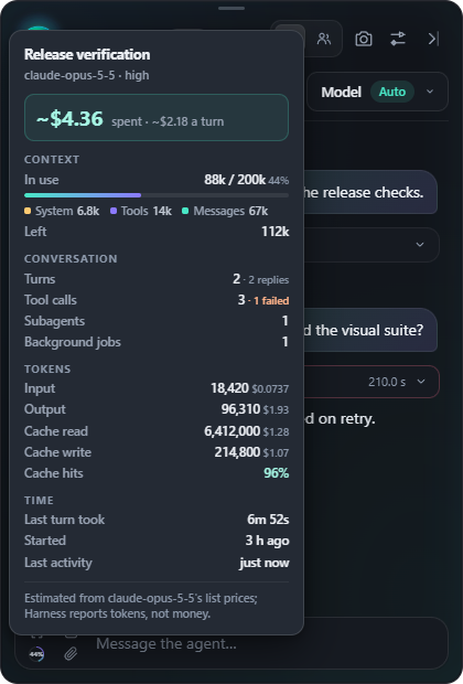 Context meter card with spend, context, turns, tokens and time