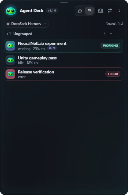 Agent Deck session board showing working, idle and failed sessions