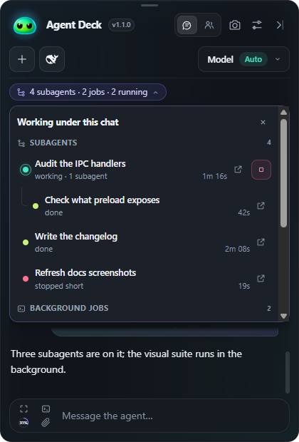 Panel listing a chat's subagents and background jobs with job output