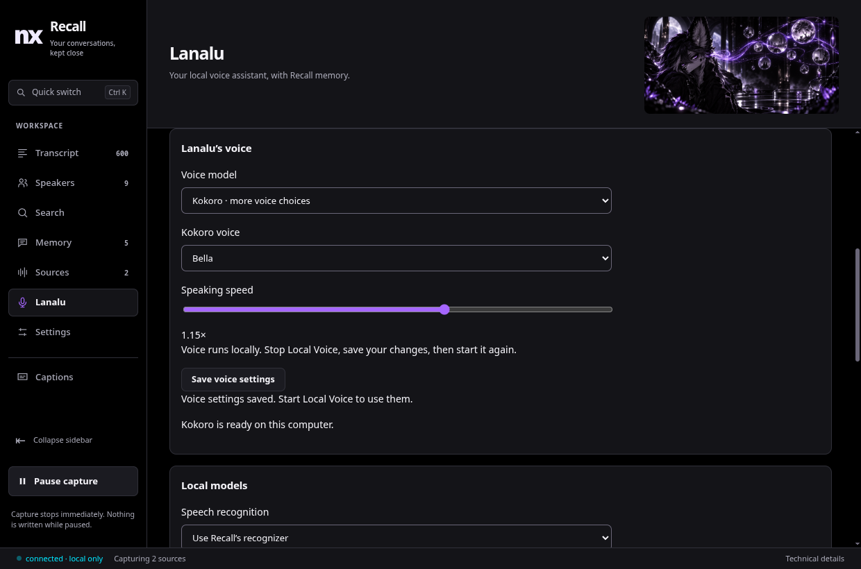 Recall local voice assistant settings with voice choice and speaking speed controls